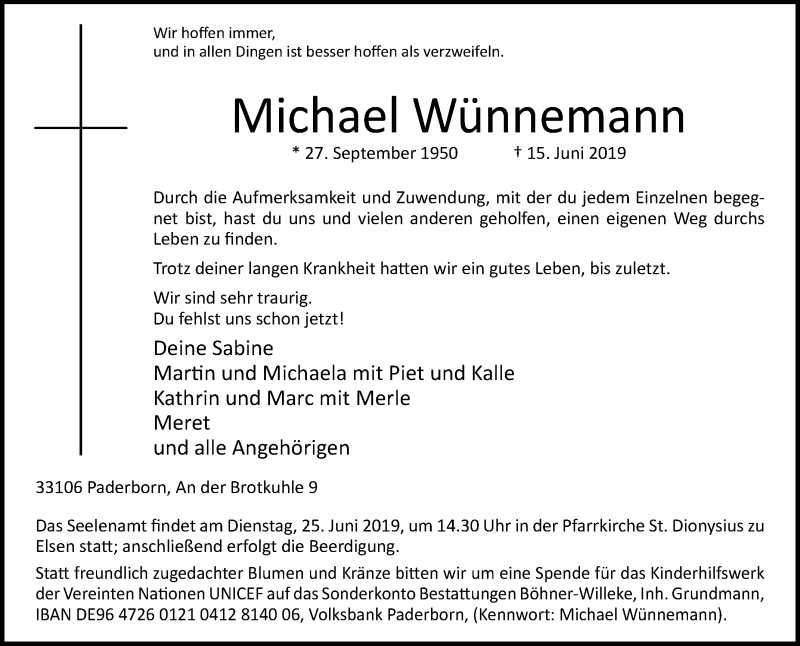  Traueranzeige für Michael Wünnemann vom 19.06.2019 aus Westfalen-Blatt