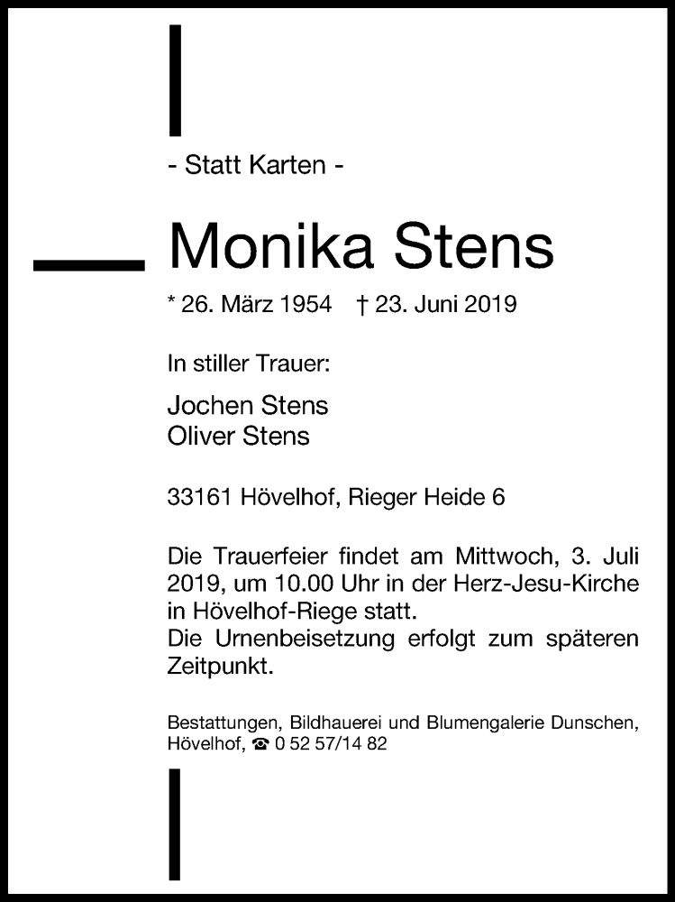  Traueranzeige für Monika Stens vom 26.06.2019 aus Westfalen-Blatt