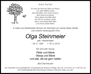 Traueranzeige von Olga Steinmeier von Westfalen-Blatt