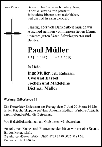 Traueranzeige von Paul Müller von Westfalen-Blatt
