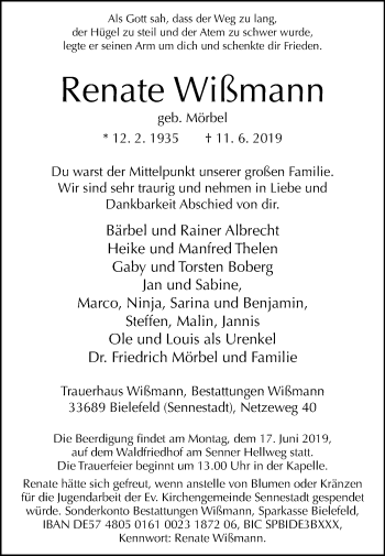 Traueranzeige von Renate Wißmann von Westfalen-Blatt