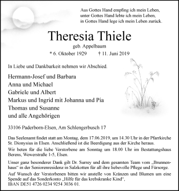 Traueranzeige von Theresia Thiele von Westfalen-Blatt