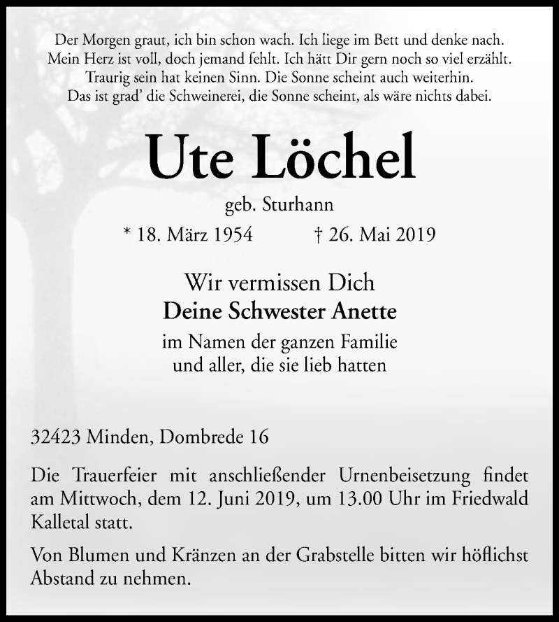  Traueranzeige für Ute Löchel vom 05.06.2019 aus Westfalen-Blatt