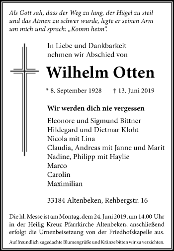 Traueranzeige von Wilhelm Otten von Westfalen-Blatt