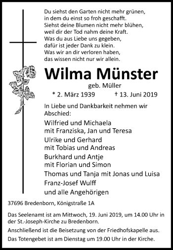Traueranzeige von Wilma Münster von Westfalen-Blatt