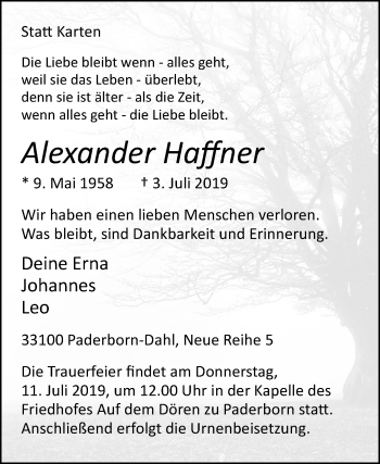 Traueranzeige von Alexander Haffner von Westfalen-Blatt