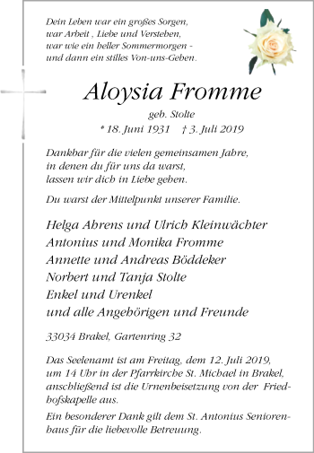 Traueranzeige von Aloysia Fromme von Westfalen-Blatt