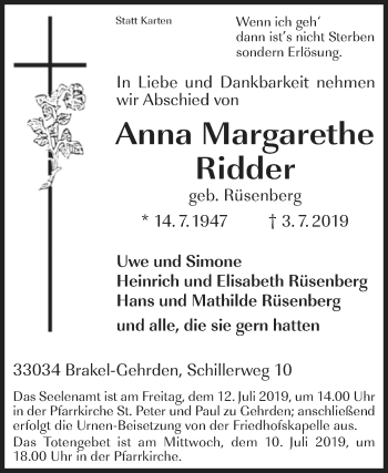Traueranzeige von Anna Margarethe Ridder von Westfalen-Blatt