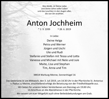 Traueranzeige von Anton Jochheim von Westfalen-Blatt