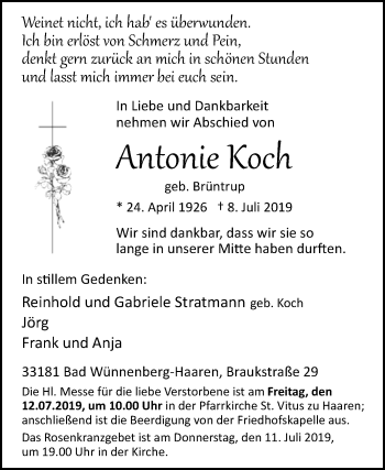 Traueranzeige von Antonie Koch von Westfalen-Blatt