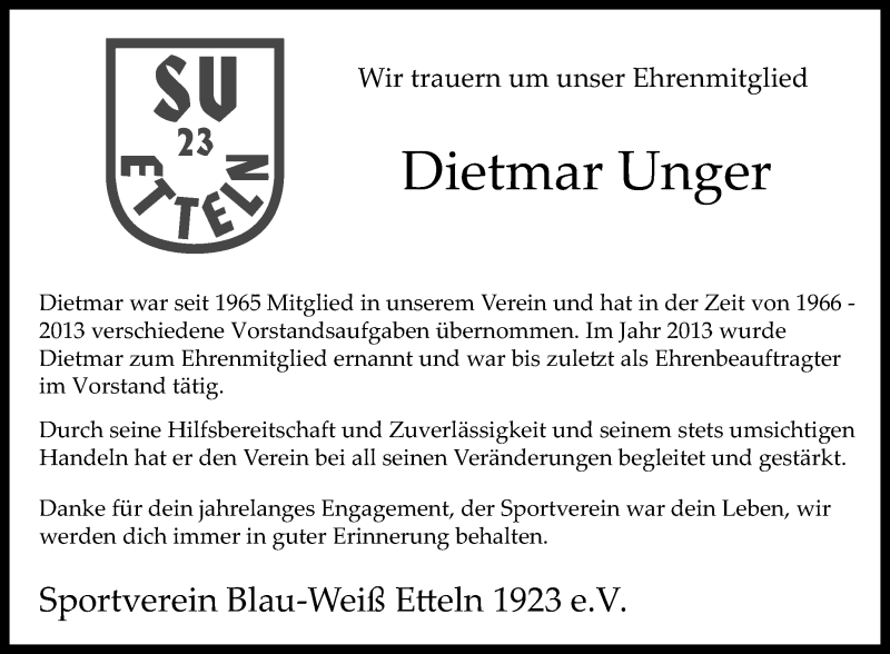  Traueranzeige für Dietmar Unger vom 13.07.2019 aus Westfalen-Blatt
