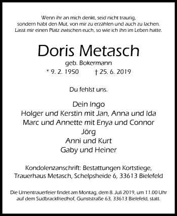 Traueranzeige von Doris Metasch von Westfalen-Blatt