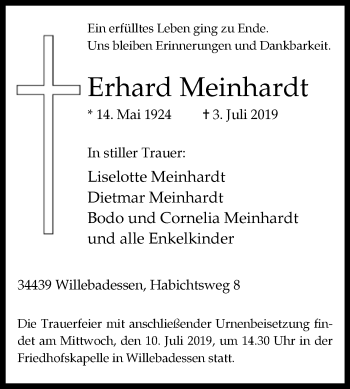 Traueranzeige von Erhard Meinhardt von Westfalen-Blatt