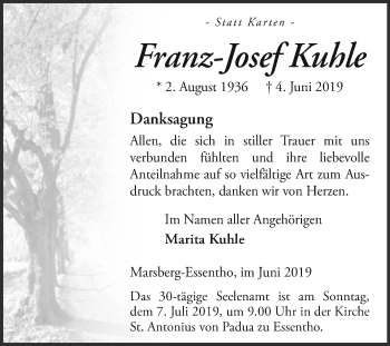 Traueranzeige von Franz-Josef Kuhle von Westfalen-Blatt
