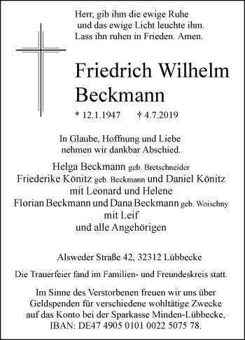 Traueranzeige von Friedrich Wilhelm Beckmann von Westfalen-Blatt