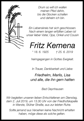 Traueranzeige von Fritz Kemena von Westfalen-Blatt