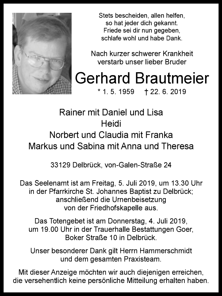  Traueranzeige für Gerhard Brautmeier vom 29.06.2019 aus Westfalen-Blatt