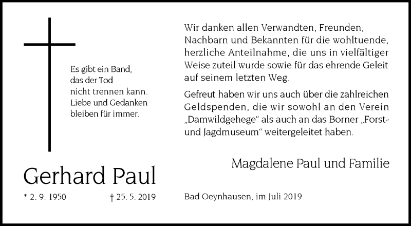  Traueranzeige für Gerhard Paul vom 13.07.2019 aus Westfalen-Blatt