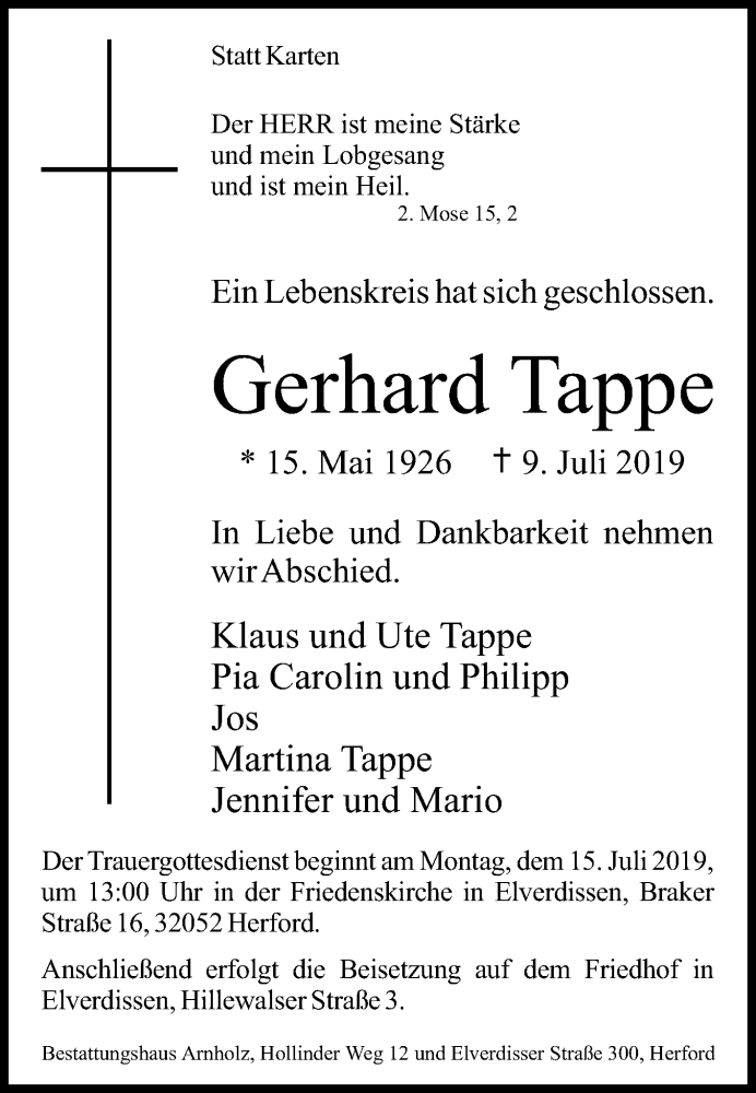  Traueranzeige für Gerhard Tappe vom 11.07.2019 aus Westfalen-Blatt