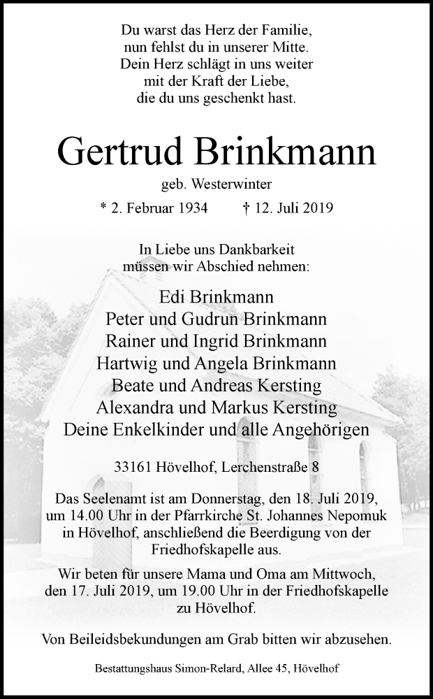  Traueranzeige für Gertrud Brinkmann vom 15.07.2019 aus Westfalen-Blatt