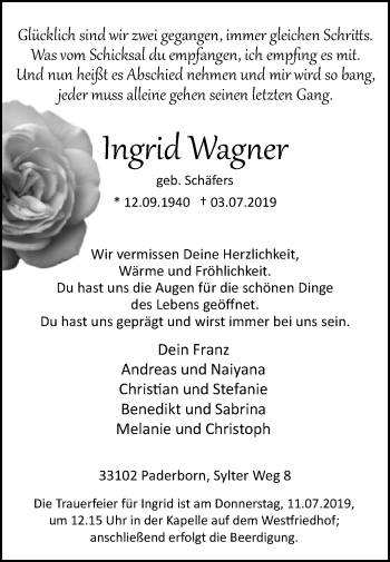 Traueranzeige von Ingrid Wagner von Westfalen-Blatt