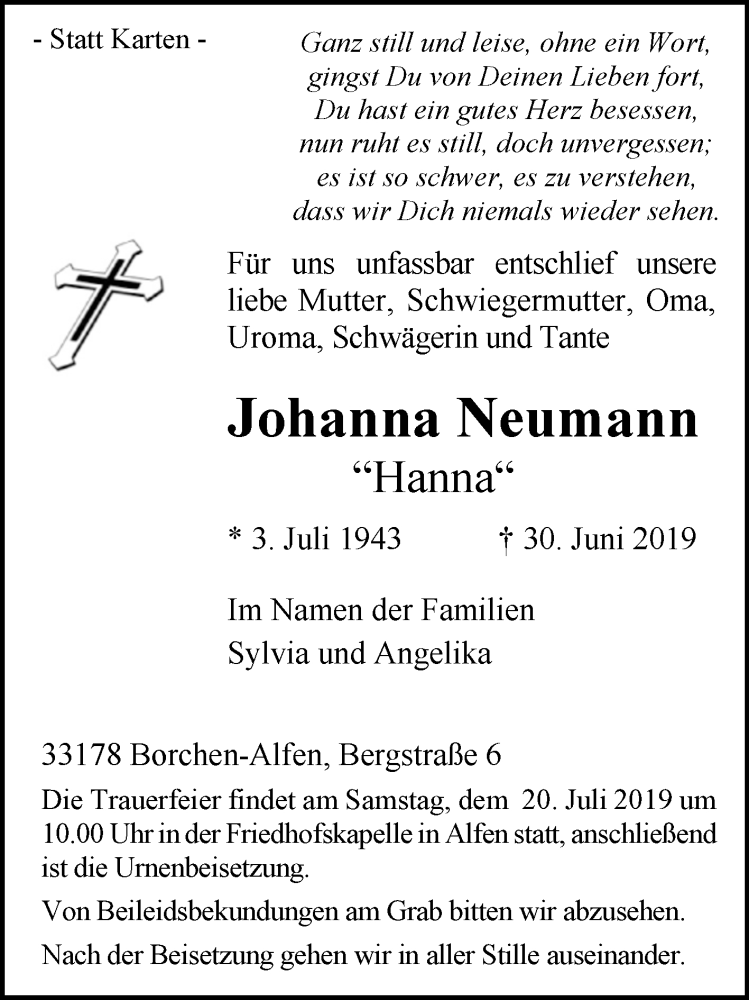  Traueranzeige für Johanna Neumann vom 13.07.2019 aus Westfalen-Blatt