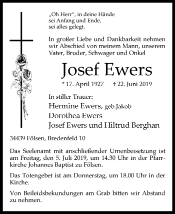 Traueranzeige von Josef Ewers von Westfalen-Blatt