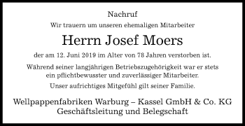 Traueranzeige von Josef Moers von Westfalen-Blatt