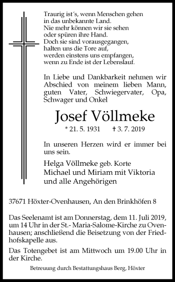 Traueranzeige von Josef Völlmeke von Westfalen-Blatt