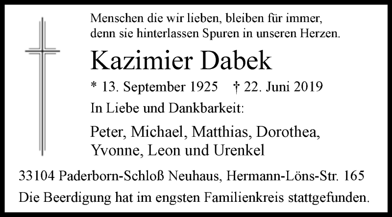  Traueranzeige für Kazimier Dabek vom 29.06.2019 aus Westfalen-Blatt