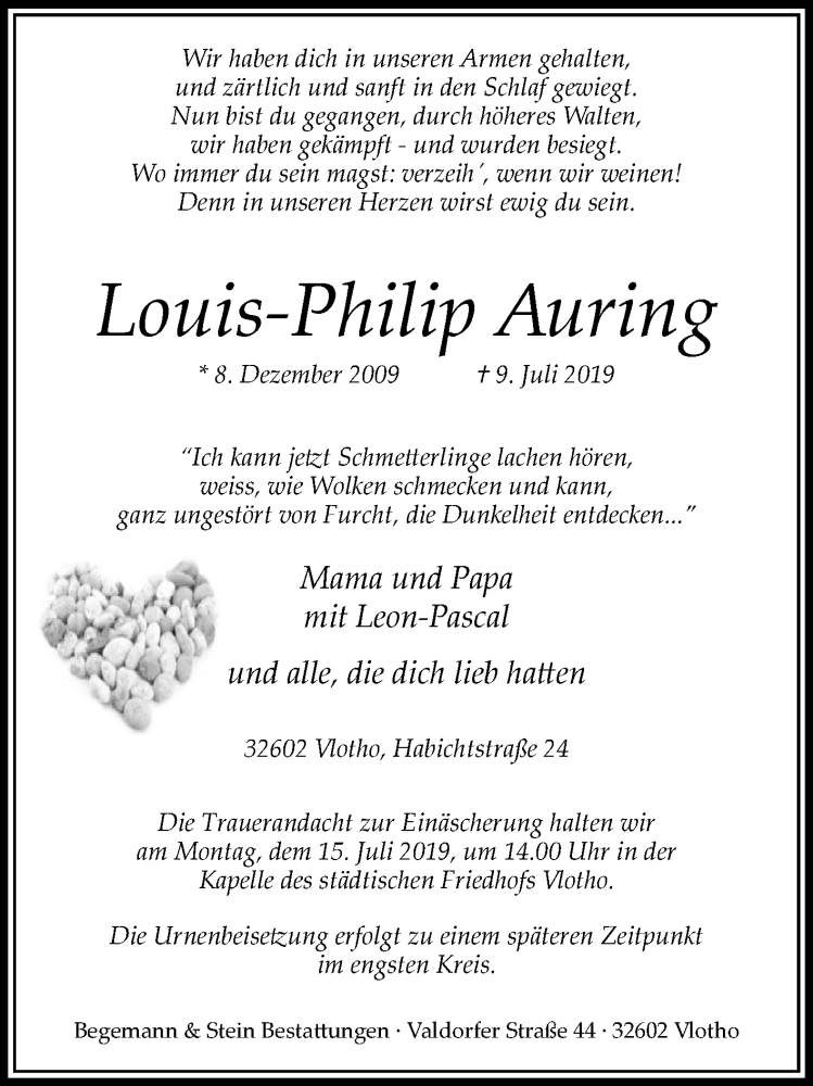  Traueranzeige für Louis-Philip Auring vom 12.07.2019 aus Westfalen-Blatt