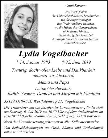 Traueranzeige von Lydia Vogelbacher von Westfalen-Blatt