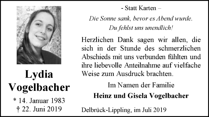  Traueranzeige für Lydia Vogelbacher vom 27.07.2019 aus Westfalen-Blatt