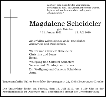 Traueranzeige von Magdalene Scheideler von Westfalen-Blatt