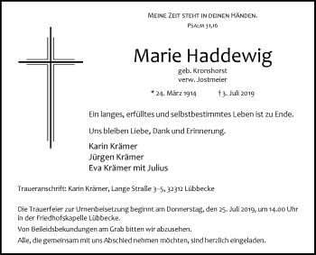 Traueranzeige von Marie Haddewig von Westfalen-Blatt