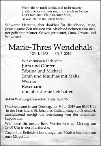 Traueranzeige von Marie-Thres Wendehals von Westfalen-Blatt