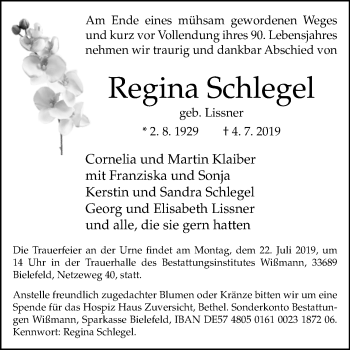 Traueranzeige von Regina Schlegel von Westfalen-Blatt