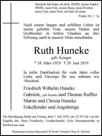 Traueranzeige von Ruth Huneke von Westfalen-Blatt