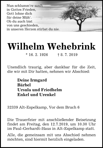 Traueranzeige von Wilhelm Wehebrink von Westfalen-Blatt