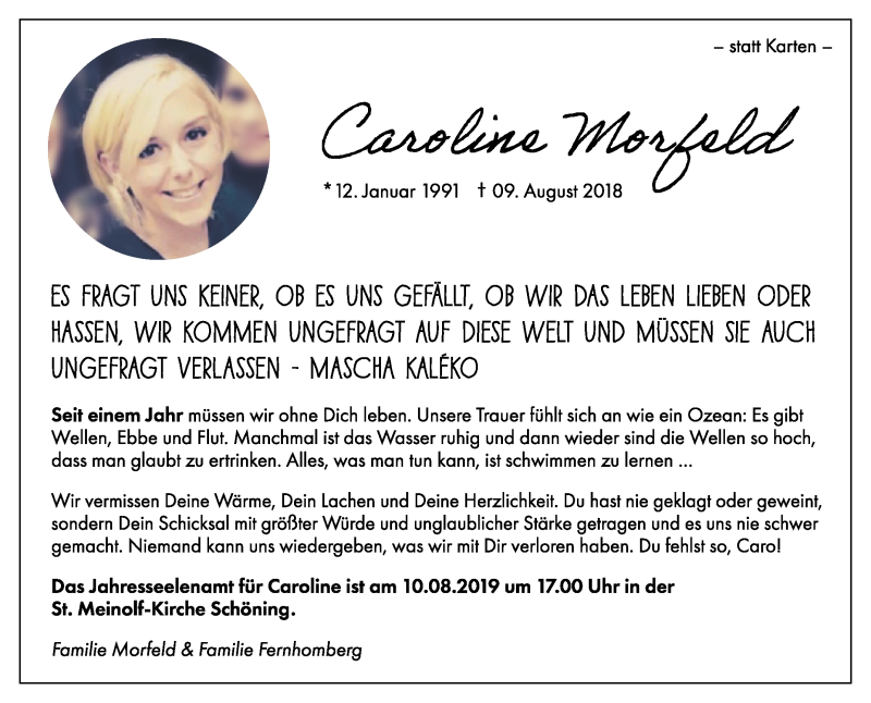  Traueranzeige für Caroline Morfeld vom 03.08.2019 aus Westfalen-Blatt