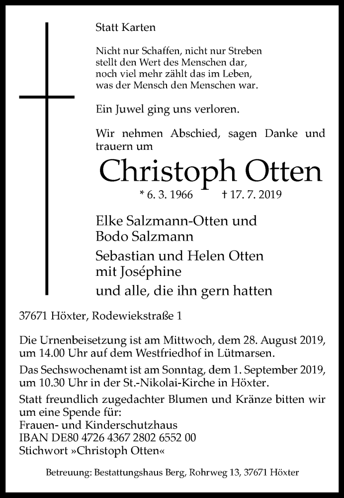  Traueranzeige für Christoph Otten vom 03.08.2019 aus Westfalen-Blatt