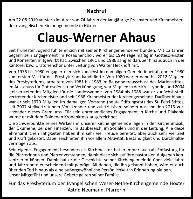  Traueranzeige für Claus-Werner Ahaus vom 24.08.2019 aus Westfalen-Blatt