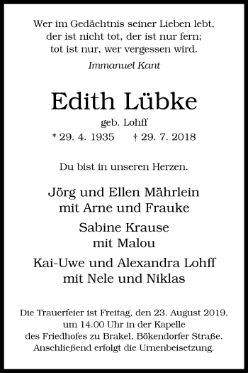 Traueranzeige von Edith Lübke von Westfalen-Blatt