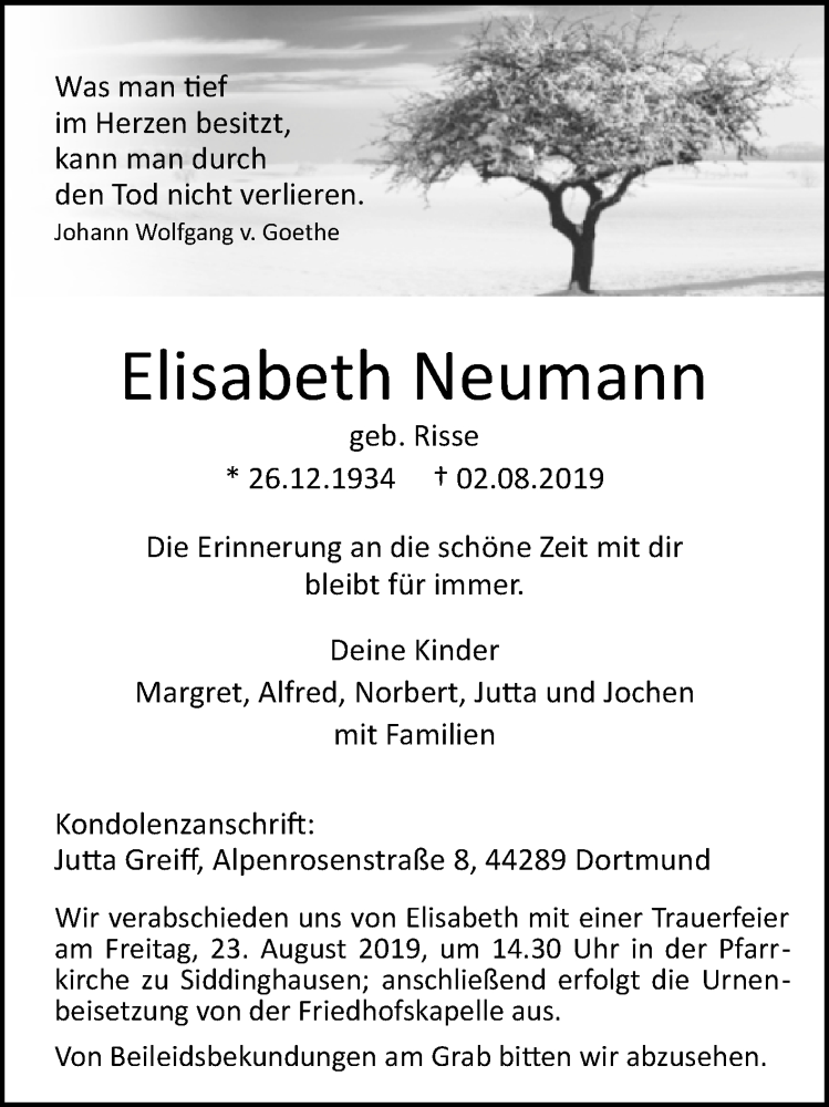  Traueranzeige für Elisabeth Neumann vom 10.08.2019 aus Westfalen-Blatt