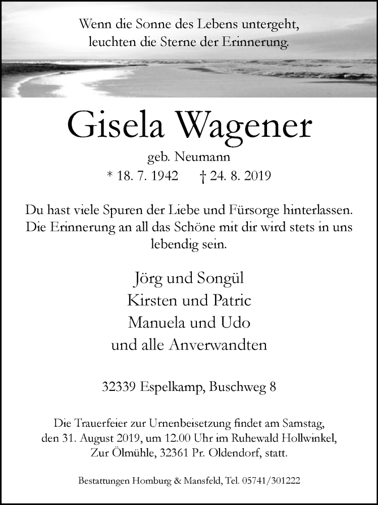  Traueranzeige für Gisela Wagener vom 27.08.2019 aus Westfalen-Blatt