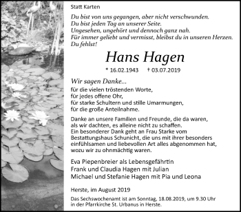 Traueranzeige von Hans Hagen von Westfalen-Blatt