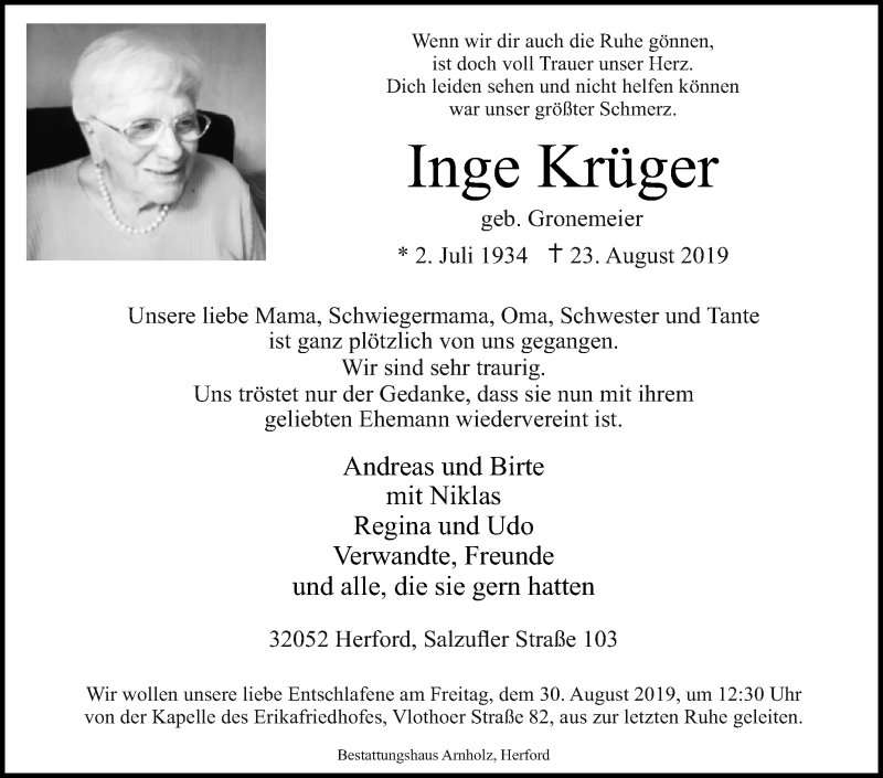 Traueranzeigen von Inge Krüger | www.westfalen-blatt.de