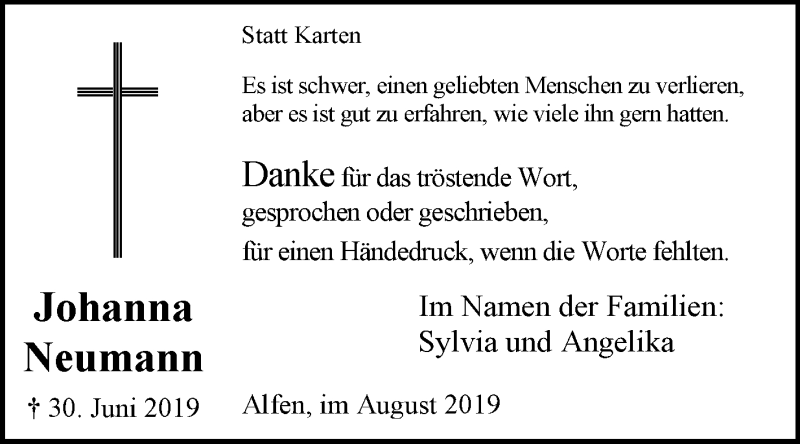  Traueranzeige für Johanna Neumann vom 03.08.2019 aus Westfalen-Blatt