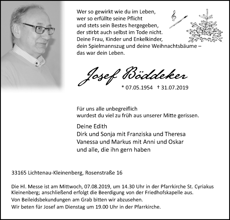  Traueranzeige für Josef Böddeker vom 03.08.2019 aus Westfalen-Blatt