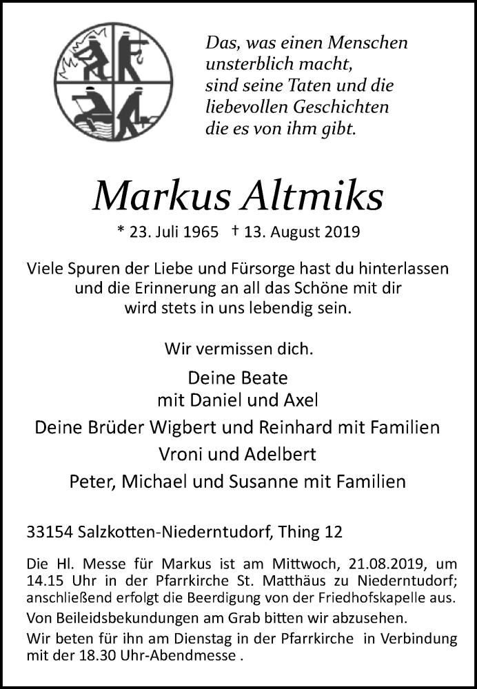  Traueranzeige für Markus Altmiks vom 17.08.2019 aus Westfalen-Blatt